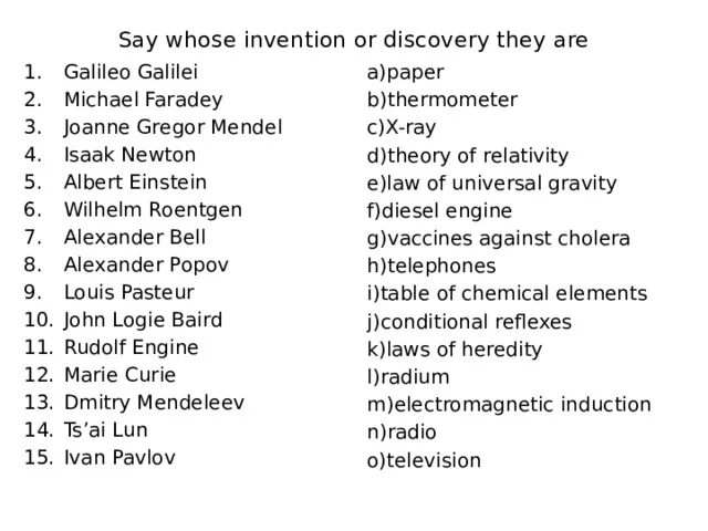 Invention or Discovery. Say whose Invention or Discovery it is. Say whose Invention or Discovery they are Galileo Galilei Michael Faraday. Say whose Invention or Discovery they are Юнит 4. Who discovered them