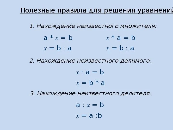 Формулы решения уравнений 5 класс. Формулы уравнений 4 класс. Правила уравнений по математике 3 класс. Правило как решать уравнения.