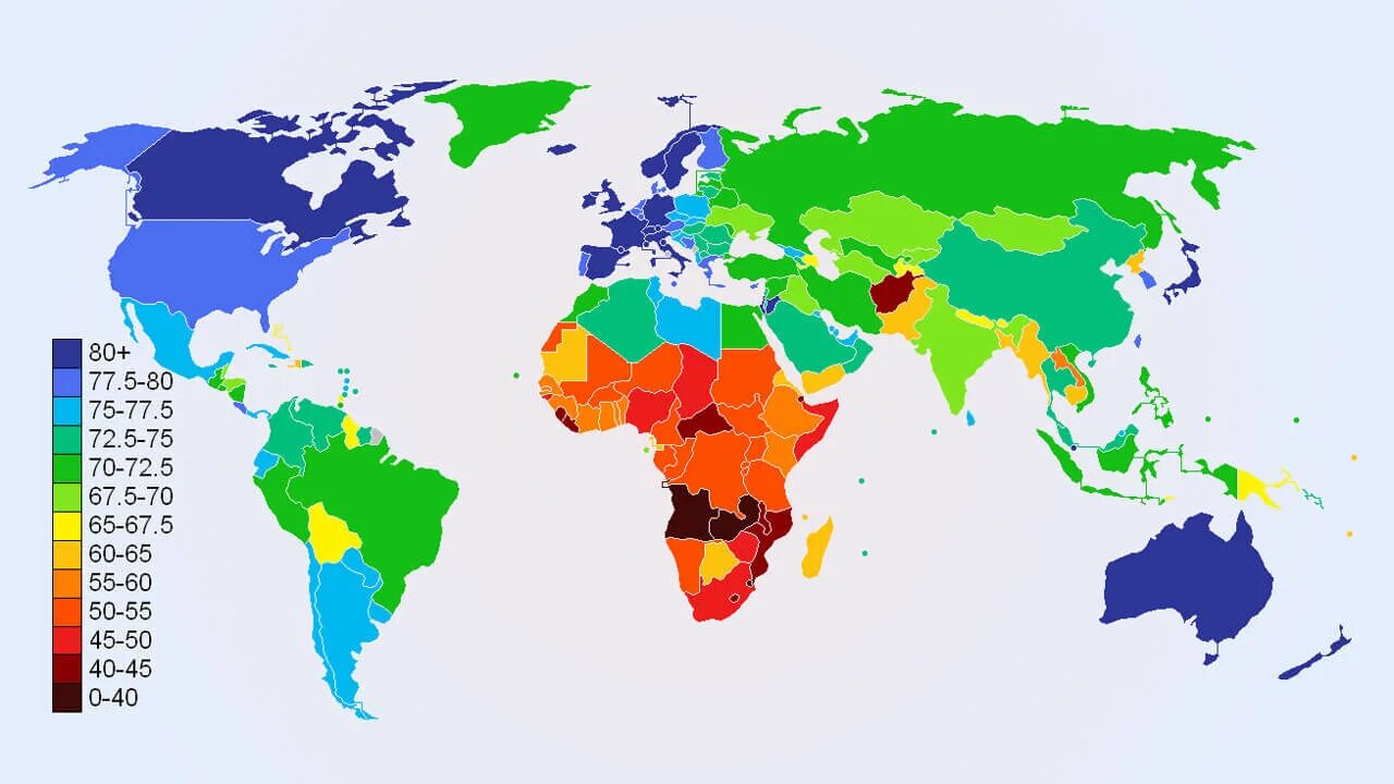 Карта продолжительности жизни в мире.
