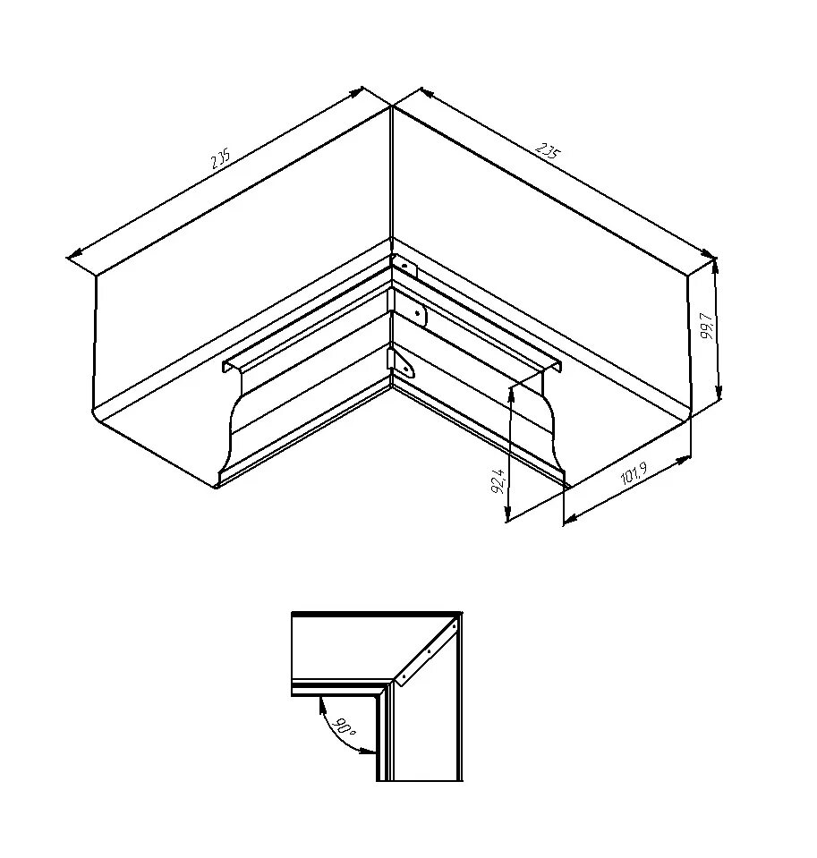 Угловое соединение профиля. Водосточная система угол 90. Желоб прямоугольный Vortex 127мм чертеж. Угол 90 градусов 8091 внутренний. Водосток стык угловой 45.