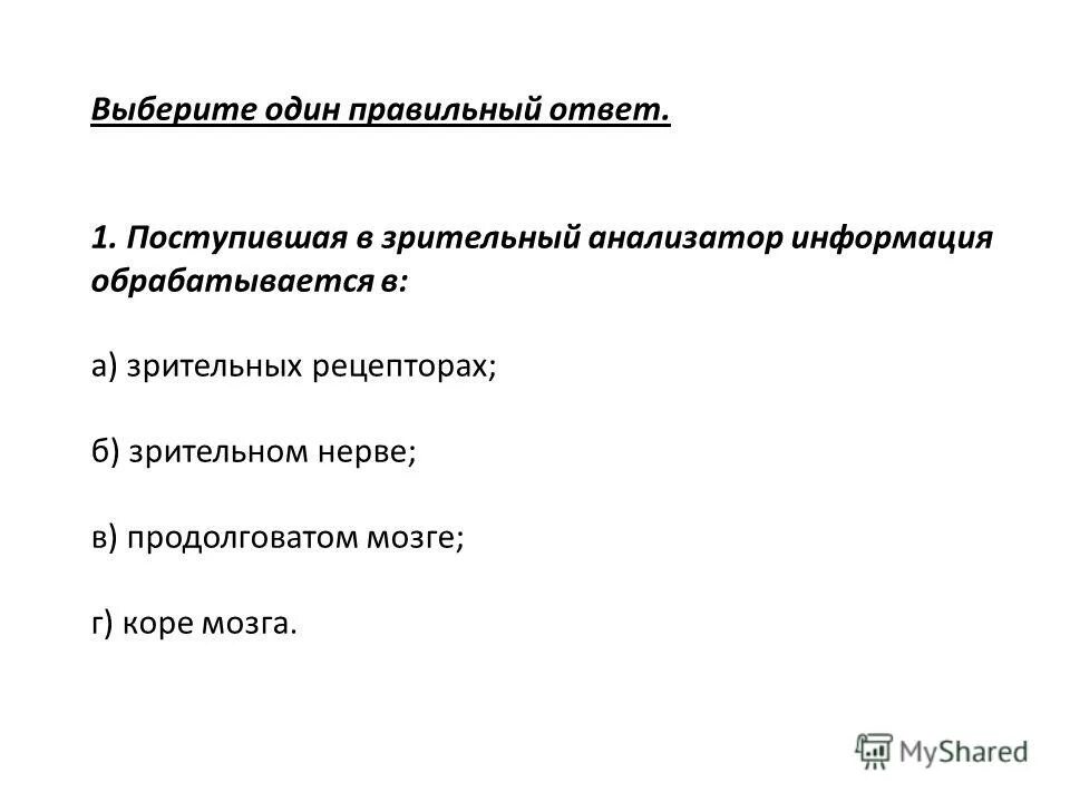 Поступившая в зрительный анализатор информация обрабатывается. Поступившая в зрительный анализатор информация обрабатывается