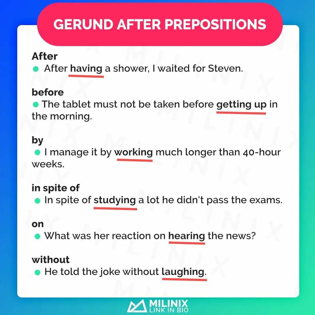 Gerund is used after. Gerund after prepositions. герундий before. gerund after в английском языке. предлоги с герундием в английском языке.