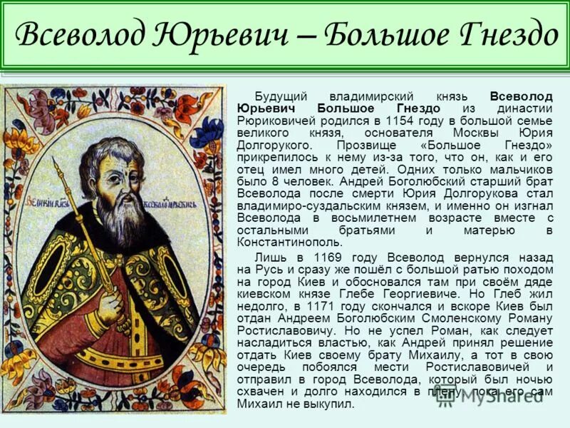 Дата правления всеволода большое гнездо. Сообщение о Князе Всеволоде большое гнездо.