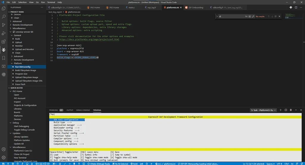 Platform io. Menuconfig. platformio ide. рабочая область platformio.