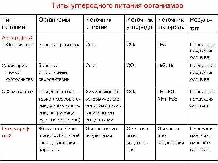 Классификация типов питания организмов. Типы углеродного питания растительных организмов. Типы углеродного питания. Типы питания организмов таблица. Какой тип питания имеет большинство