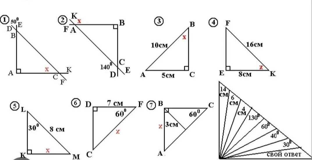 Задачи на готовых чертежах решение прямоугольных треугольников. Прямоугольный треугольник задачи на готовых чертежах 7 класс. Задачи на угол в 30 градусов в прямоугольном треугольнике. Задачи на прямоугольный треугольник 7 класс по готовым чертежам. Свойства прямоугольного треугольника задачи по готовым чертежам.