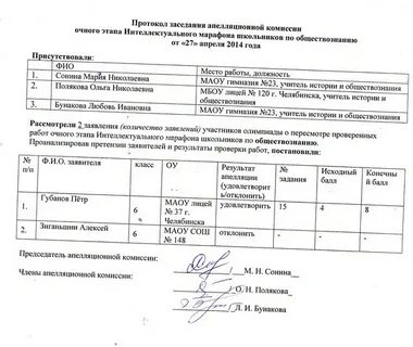 Выписка из протокола комиссии