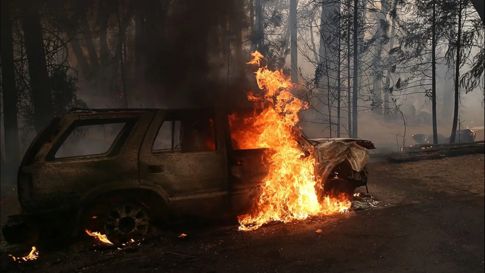 Сгоревшая верь. Горящая машина в лесу. Лес в огне. Машина горит в лесу.