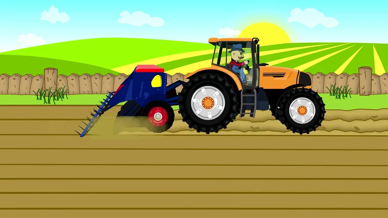 Трактор едет 10 м в секунду. Трактор мультяшный. Едет трактор. Сказочный трактор. Синий трактор едет.
