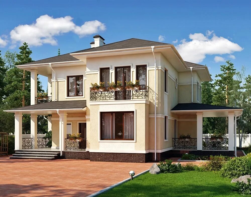 Проект двухэтажного дома с гаражом 220 м2 с крытой террасой в Липецке. Строитель