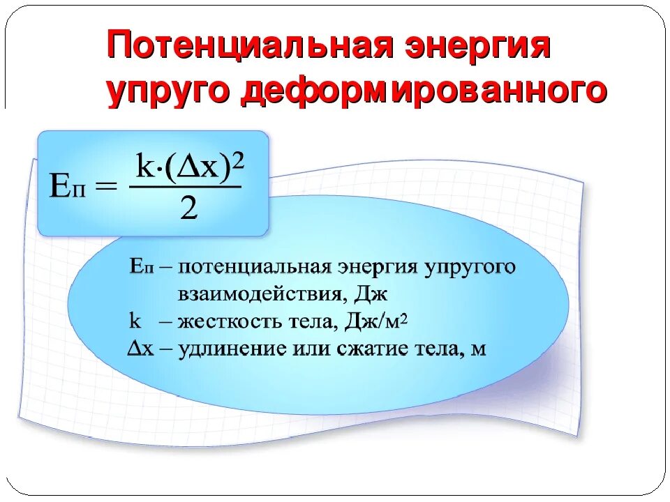 Потенциальная энергия деформации формула. Потенциальная энергия упруго деформированного тела формула. Формула для кинетической энергии тела при деформации. Формула потенциальной энергии при деформации. Потенциальная энергия величина в си