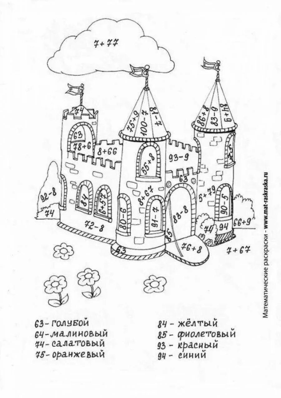 Раскраска примеры 2 класс в пределах 100. Сосчитай и раскрась в пределах 100. математические раскраски на сложение. математические раскраски 2 класс. математическая раскраска замок.