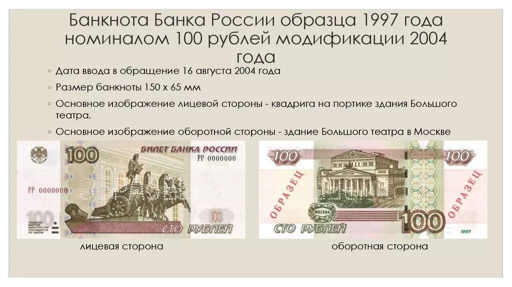 Года выпуска купюр. Банкноты банка России образца 1997 года. 100 Рублей 1997 модификация 2004. Степени защиты купюры 100 рублей. Банкнота банка России 100 рублей.