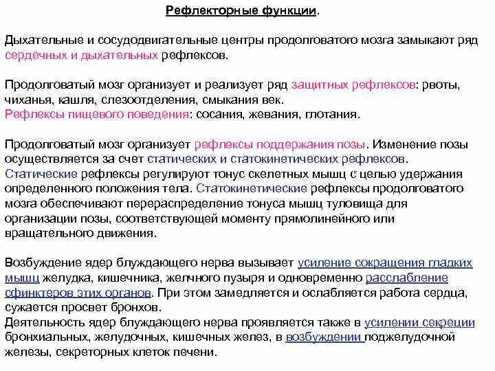 Центры продолговатого мозга. Сосудодвигательный центр. Функции продолговатого мозга рефлексы позы. Сосудодвигательных и защитных рефлексов.