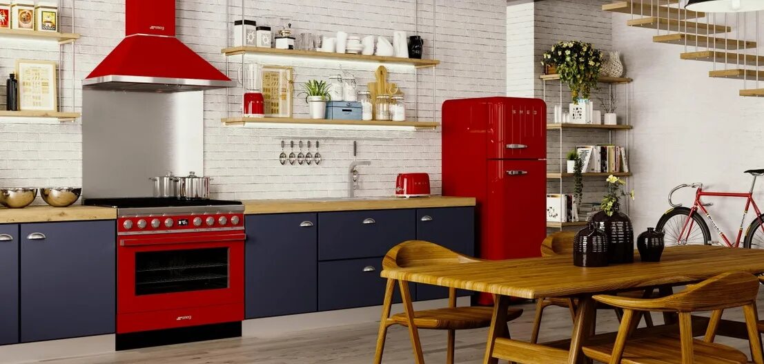 Бытовая техника красный. Вытяжка Смег 90. Smeg blf01rdeu. Ретро техника для кухни Smeg. Техника Смег в интерьере.