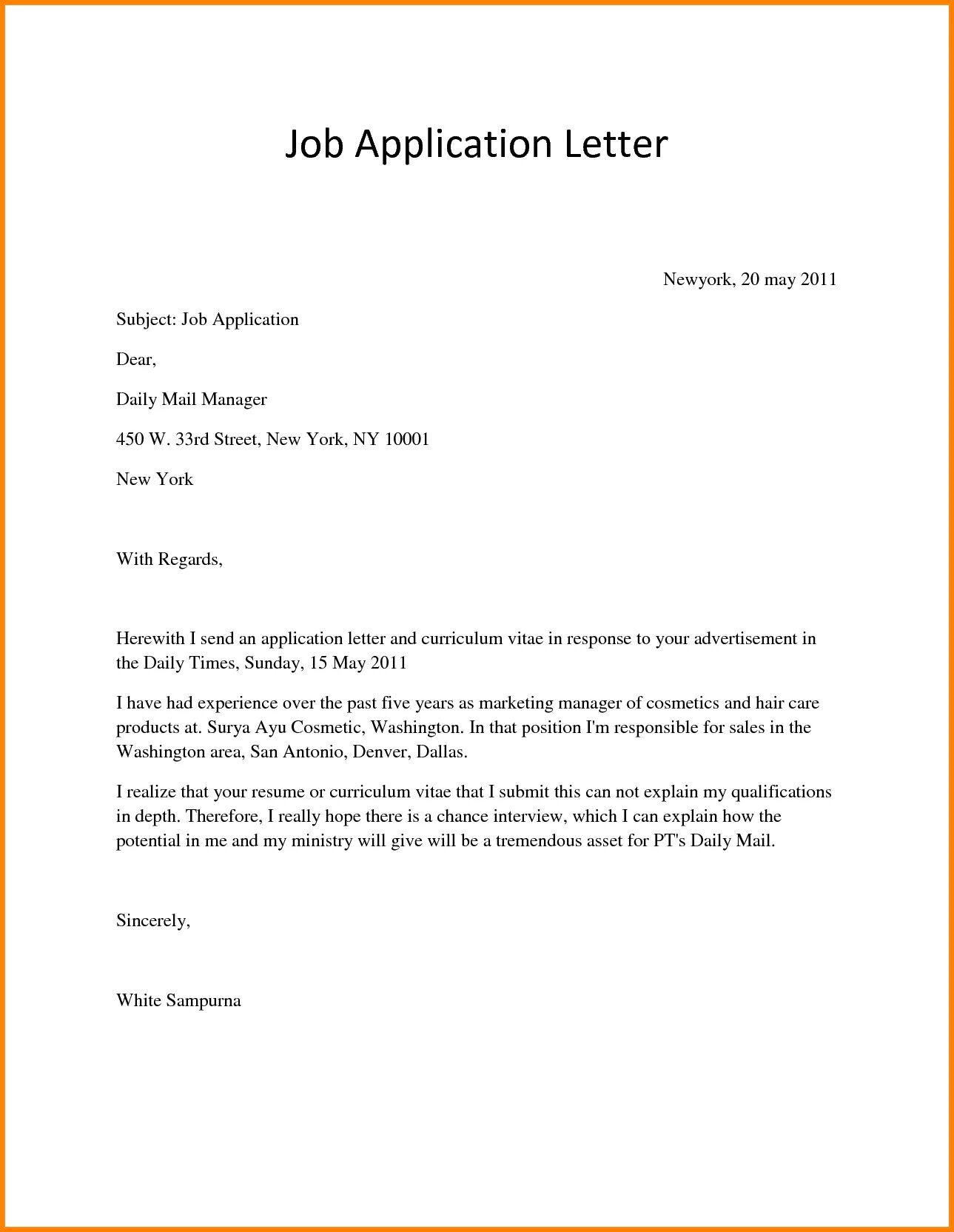 Write application. Example of a formal letter for applying for a job. cover letter for job application example. job application letter example. letter of application for a job example.