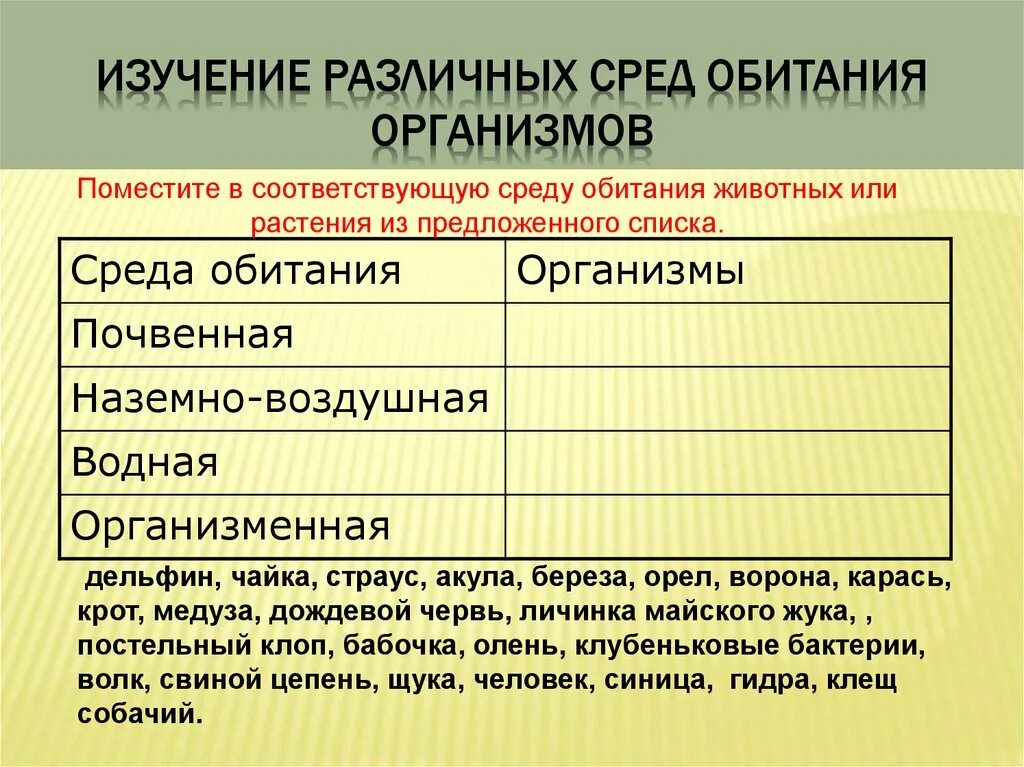 Изучение различных сред обитания организмов. Изучение различных сред обитания организмов таблица. Условия жизни в разных средах. Изучение различных обитания организмов таблица.