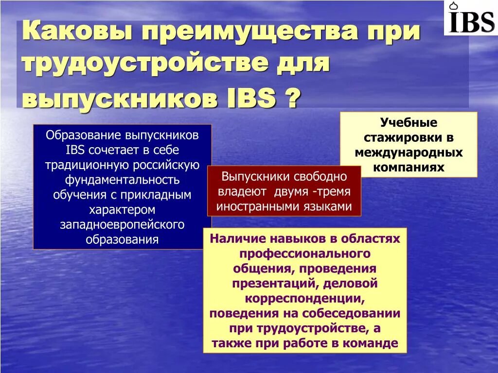 Каковы преимущества россии. Преимущества при трудоустройстве. Модель выпускника IB. Каковы преимущества образования в университете. Презентация IBS.