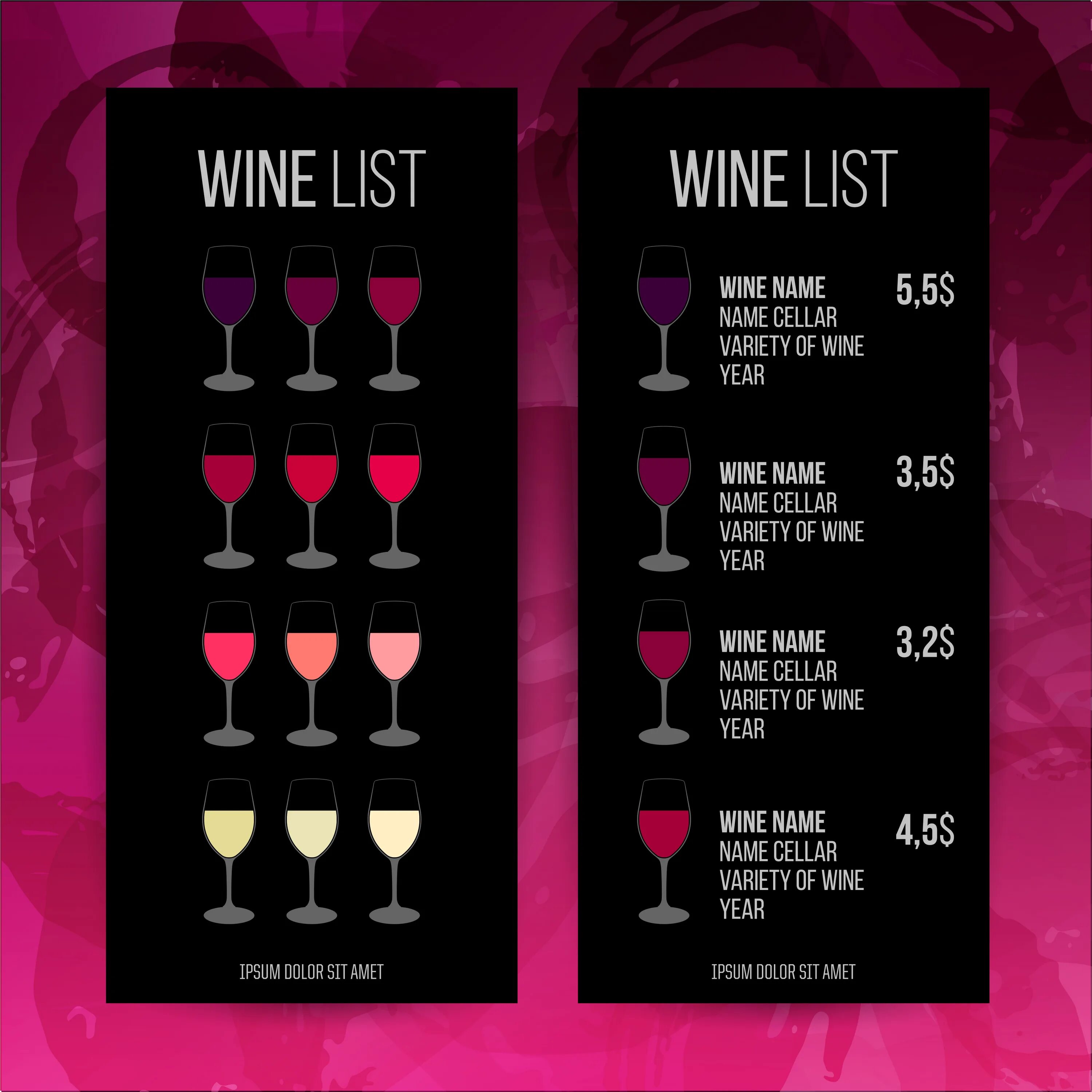 Wine files. Wine list. wine names. price list вектор. wine menu.
