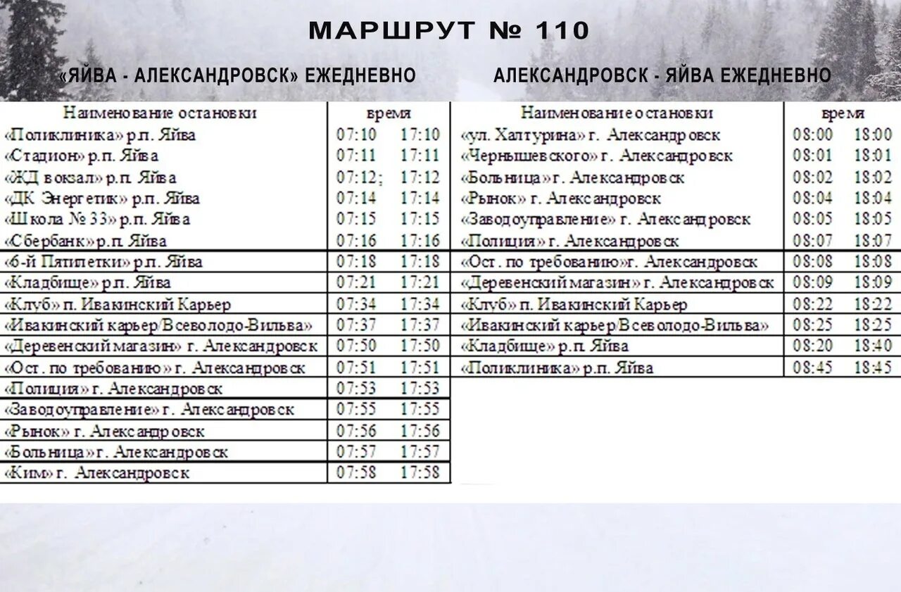 Автобус березники пермь расписание на сегодня. Автобус Яйва Александровск расписание 2022. Расписание автобусов Александровск Яйва. Автобус Яйва Александровск. Расписание автобуса Александровск Яйва 110.