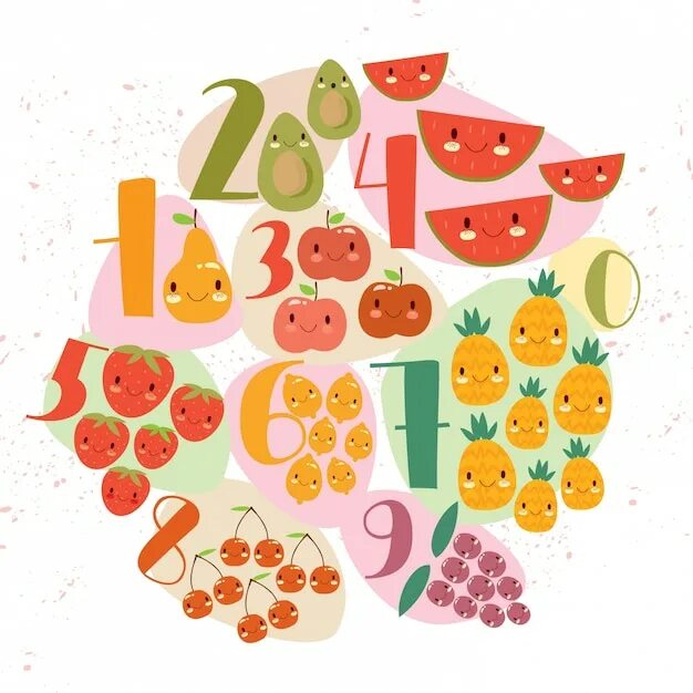 Дизайнерские фрукты буквы. Детские иллюстрации числа и фрукты. Цифры тропические для детей. Fruit numbers.