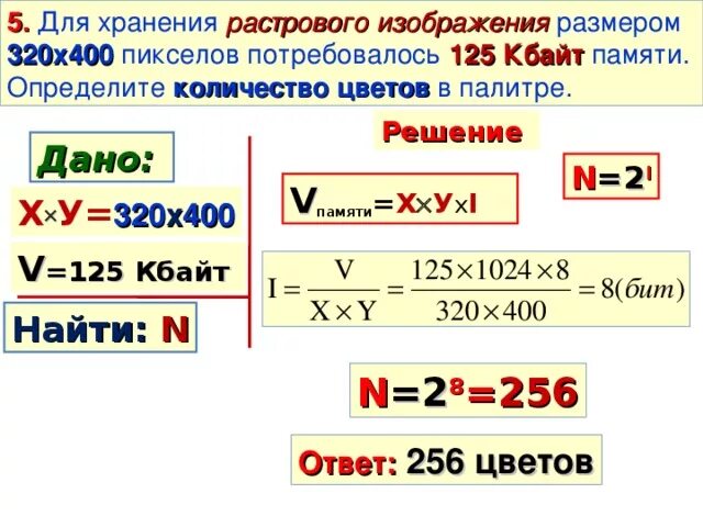 Рассчитайте объем памяти необходимой. Количество цветов в изображении формула. Хранение изображений формула. Объем растрового изображения. Объем изображения формула Информатика.