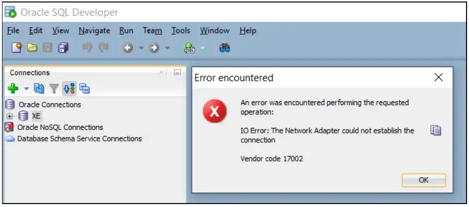 Error could not establish connection. Ошибка Оракл 17002. Ошибки SQL. Как исправить developer Error. Код ошибки 17002 Oracle.