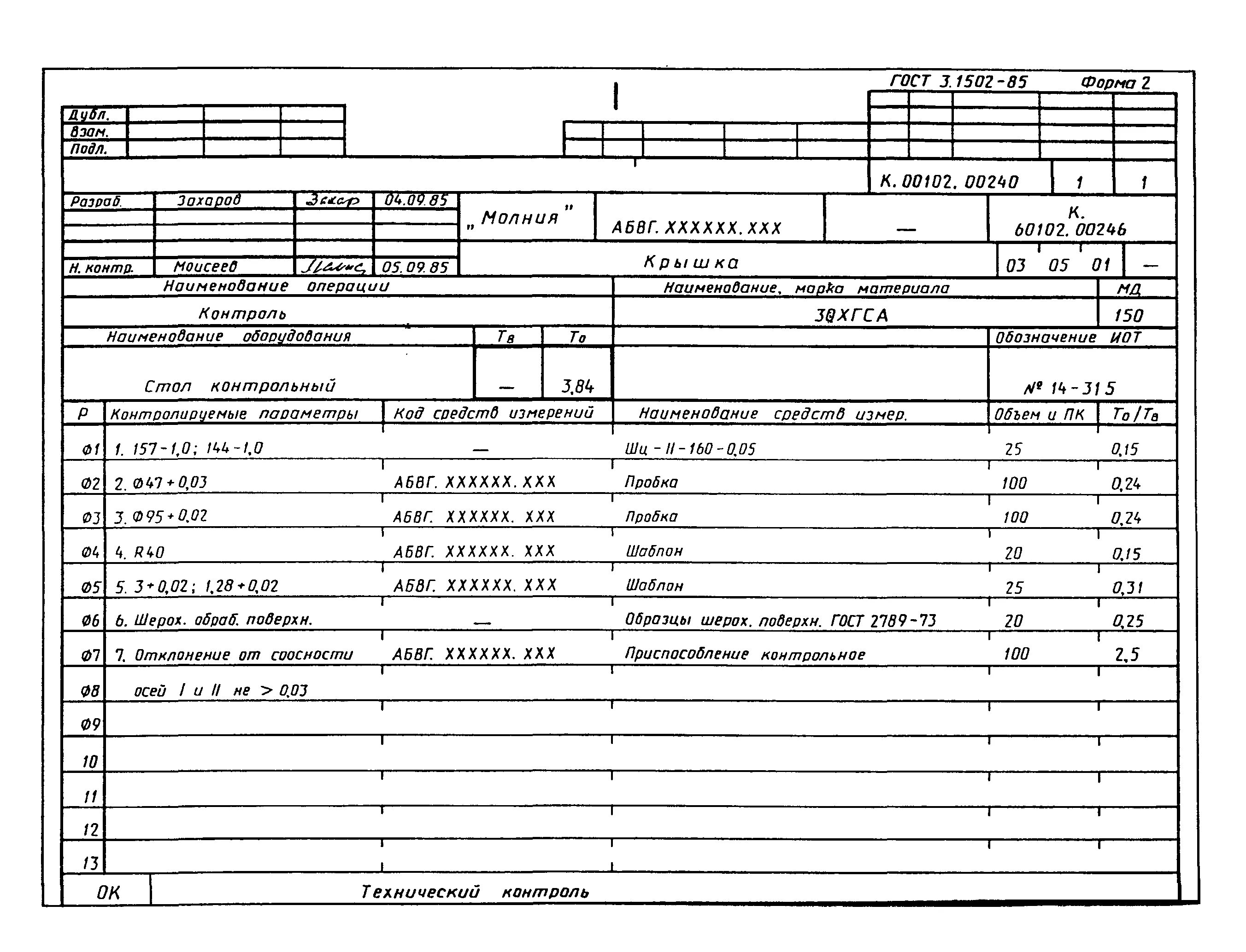 Карта технического контроля ГОСТ 3.1502-85 форма. Операционная карта контроля ГОСТ 3.1502 85 форма 2. Операционная карта технического контроля образец. Маршрутная карта технологического процесса контроль.