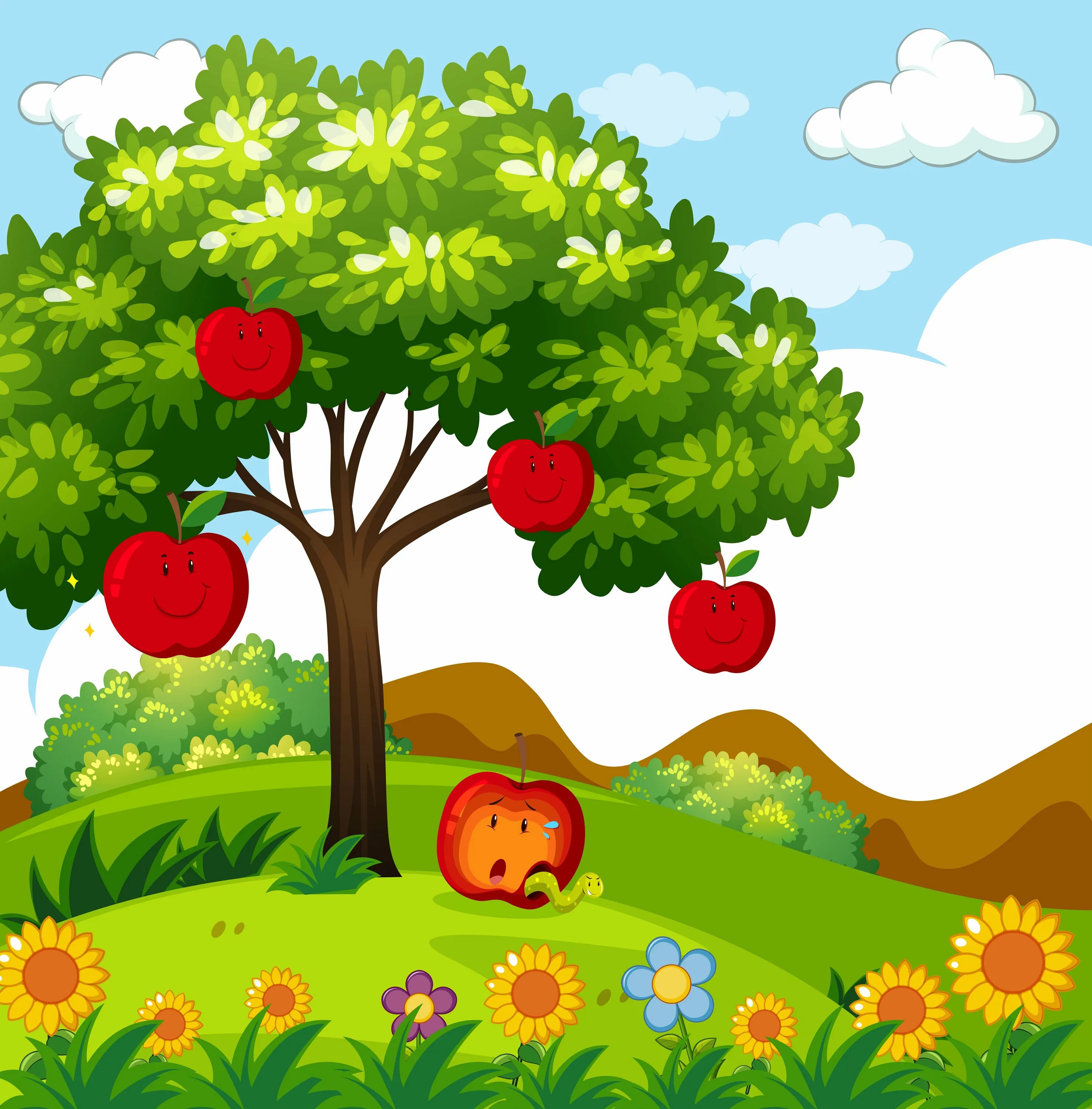 Фруктовый сад в детском саду. Сад мультяшный. Сад яблони в мультике. Яблоневый сад мультяшный. Полянка с яблоней.