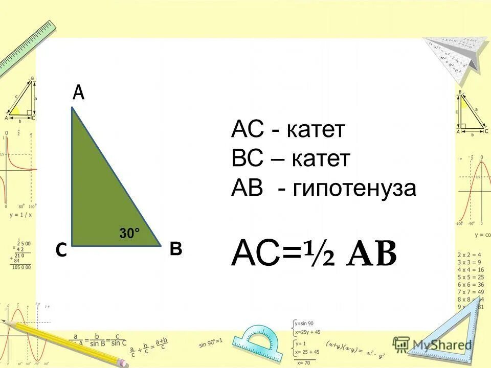 А нам говорят что катет короче гипотенузы. Меньший катет. Как найти длину большего катета треугольника. Как найти катет BC. Гипотенуза sin 30.