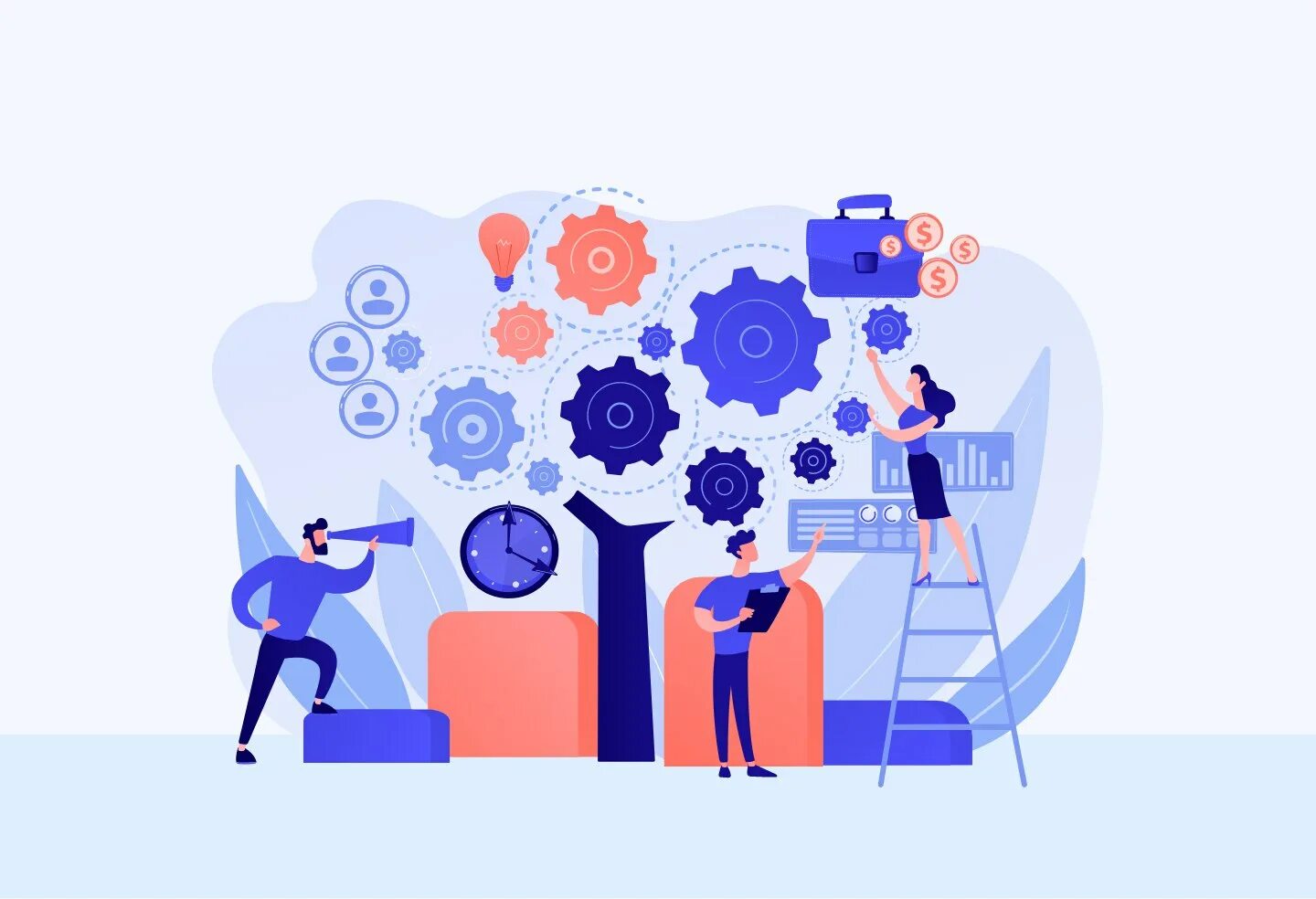 Креативный менеджмент. Интеграция графика. Поддержка интеграции. Менеджмент. Человечки собирают пазл.