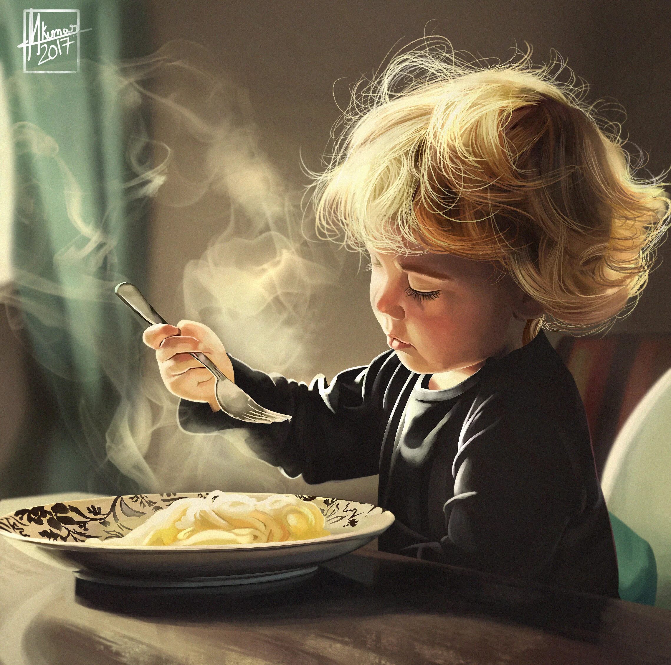 Съесть манную кашу. Дети за столом. Еда для детей. Дети с едой в живописи. Ребенок кушает за столом.