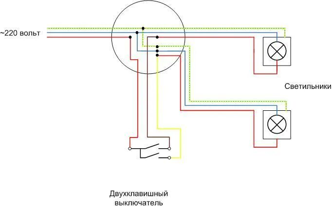 2 светильника на 2 клавишный выключатель. Схема подключения 2 люстры на двухклавишный выключатель. 2 светильника на 2 клавишный выключатель. Схема расключения 2 клавишного выключателя. Двухклавишный выключатель схема подключения на 2 лампочки.