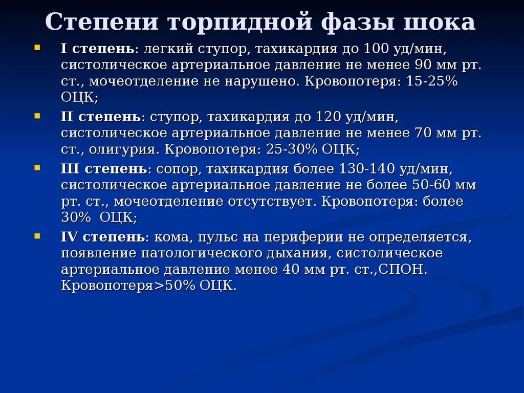 Эректильный шок. Симптомы торпидной фазы геморрагического шока. Степени торпидной фазы. Симптомы торпидной фазы ожогового шока. Признаки торпидной фазы травматического шока.