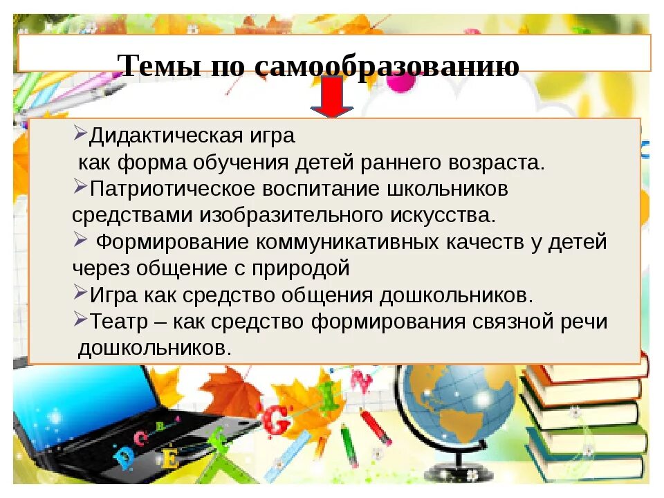 Тема самообразование средней группы. Темы для самообразования в детском саду. Темы по самообразованию для воспитателей. Темы самообразования для воспитателей детского сада. Папка по самообразованию педагога.