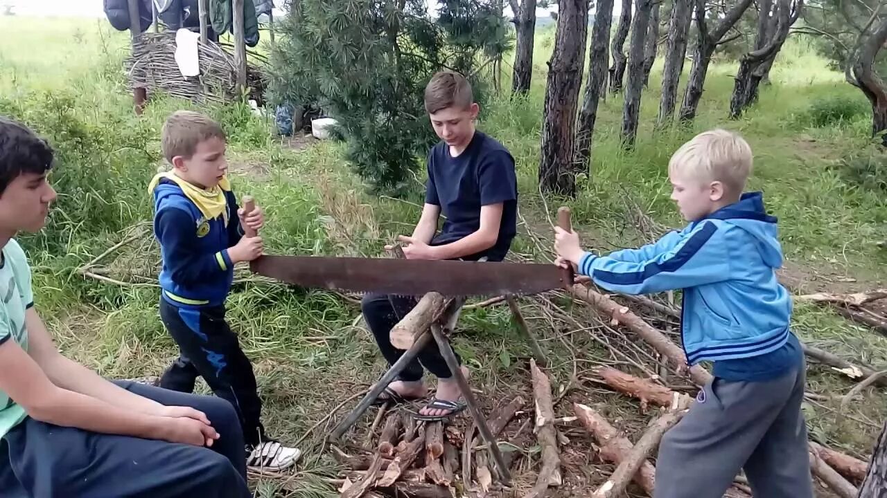 Детский лагерь для мальчиков. Пилят бревно. Мальчик пилит дрова. Мальчика рубят