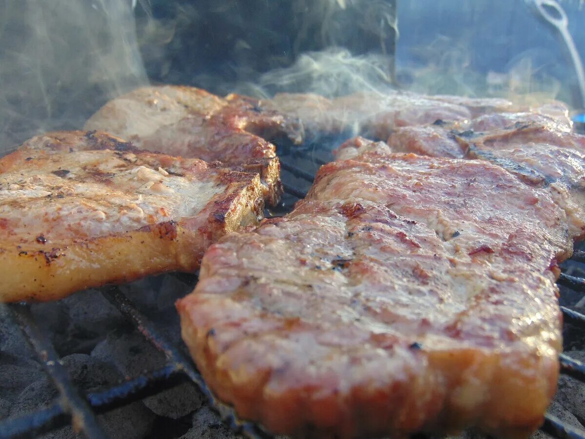 Сколько жарить стейк свинины на гриле. Стейк на костре. Мясо на углях. Свиные стейки на мангале. Свиной стейк на решетке.