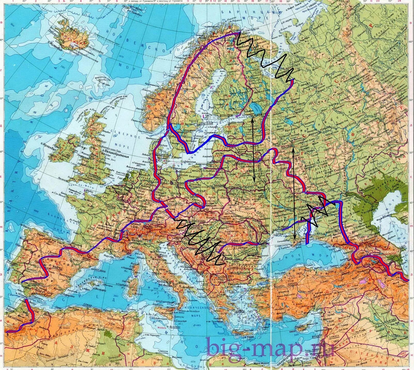 Физическая карта зарубежной Европы. Физическая карта Европы атлас. Карта Европы физическая крупная. Физическая карта зарубежной Европы с границами государств.