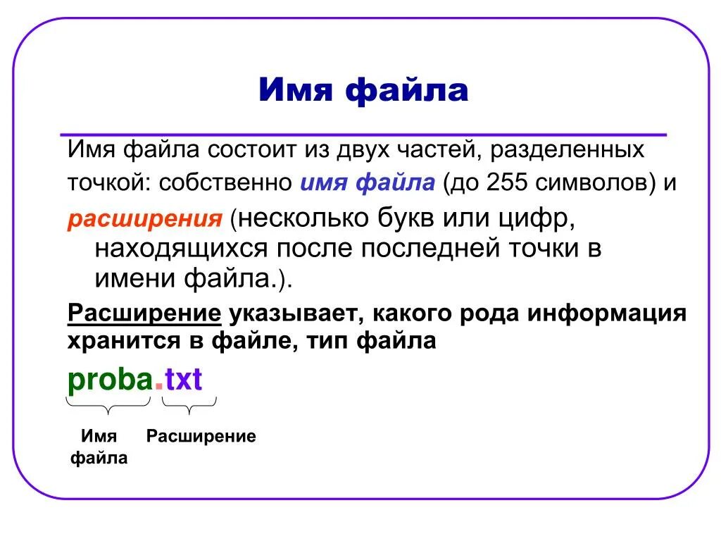 Название данное файлу. Имя файла. Расширение имени файла. Файл имя файла. Имя файла состоит из двух частей.