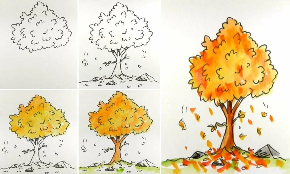 Осень картинки пошагово. Осеннее дерево карандашом. Поэтапное рисование осени. Этапы рисования осеннего дерева. Рисование осень пошагово.