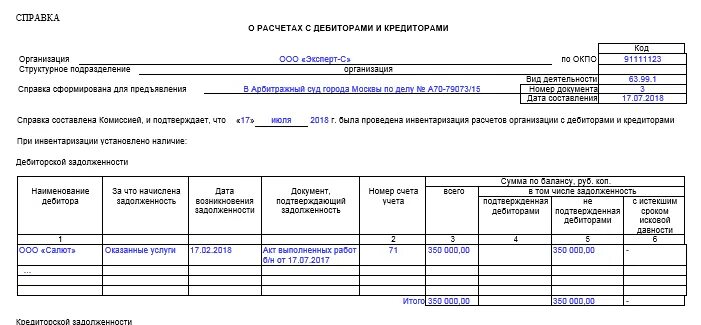 Справка о дебиторской задолженности