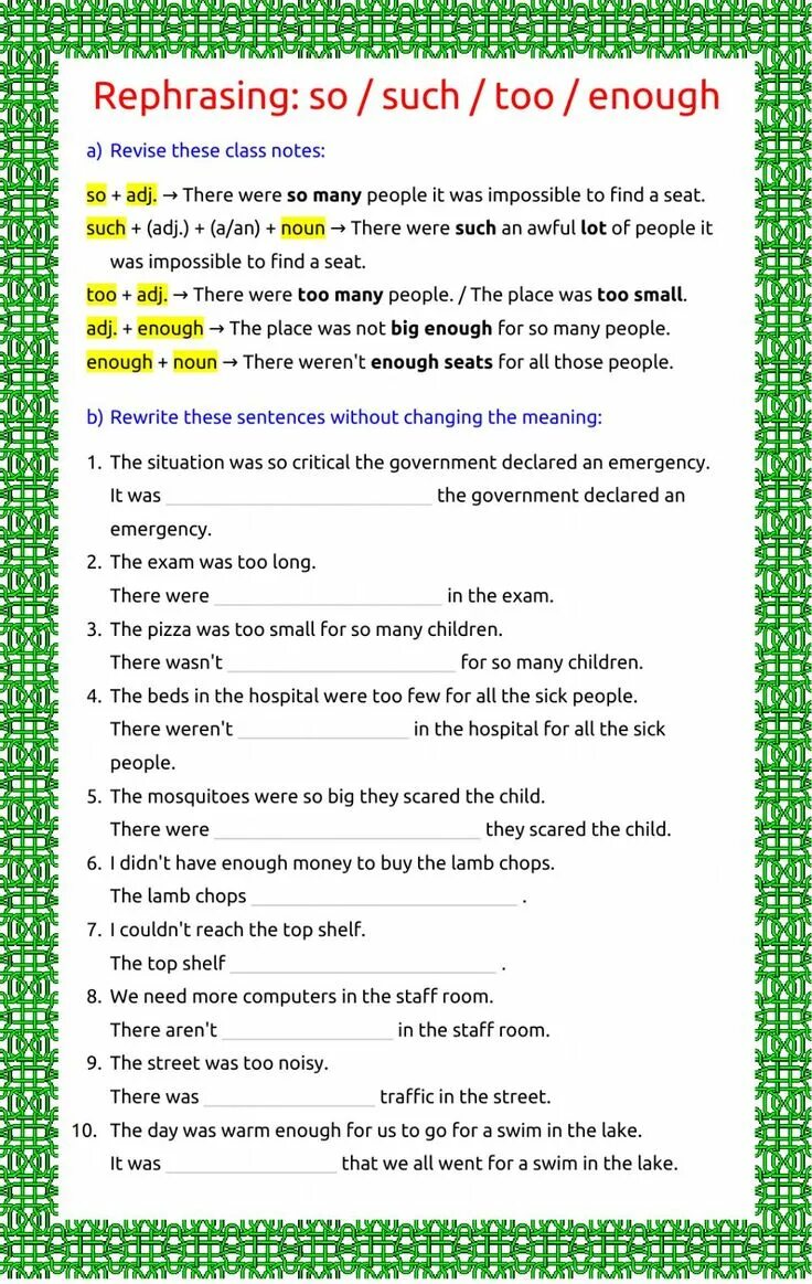 Rephrase the sentences. Тест на too enough such so. So such too enough exercises. So such too enough упражнения. Rephrasing.