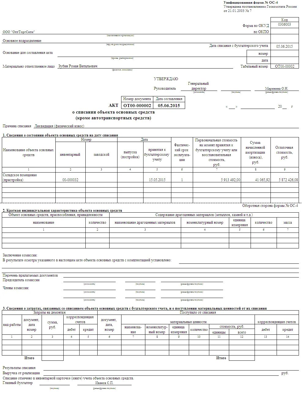 Результат списания основного средства. Акт о ликвидации основных средств форма ОС-4. Форма ОС-4 акт о списании объекта основных средств. Пример заполнения акта о списании объекта основных средств форма ОС-4. Форма акта на списание объекта основного средства.