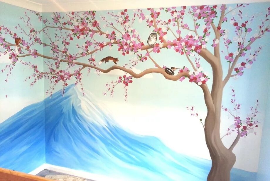 Сакура на стене. Роспись стен в японском стиле. Дерево Сакуры на стене. Роспись стен Сакура.
