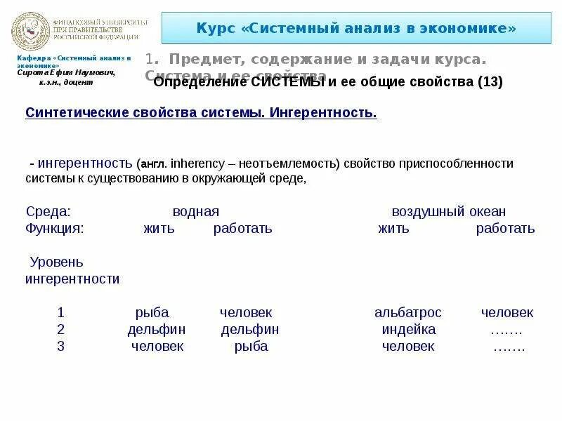 Системный анализ в экономике. Предмет, содержание и задачи курса. Система и ее с