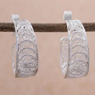 950 Silver Filigree Half Hoop Earrings from Peru - Sparkling Crescents NOVICA