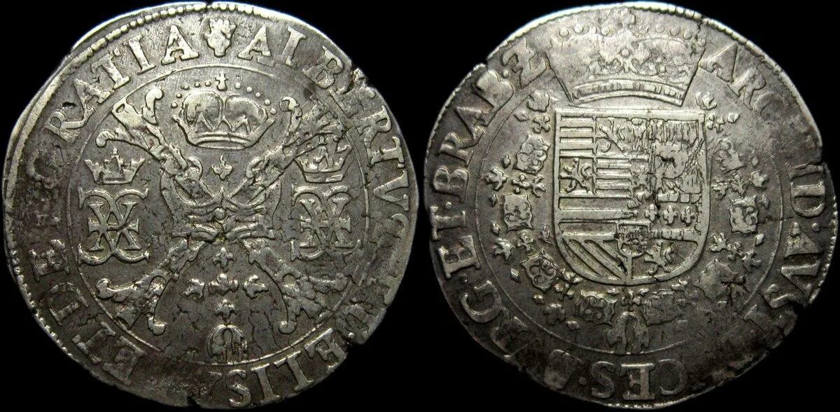 Испанская монета 4. Монеты 17 века голландские серебро. монета патагон. spanish netherlands brabant patagon km# 35.1 1616. средневековые монеты испании.