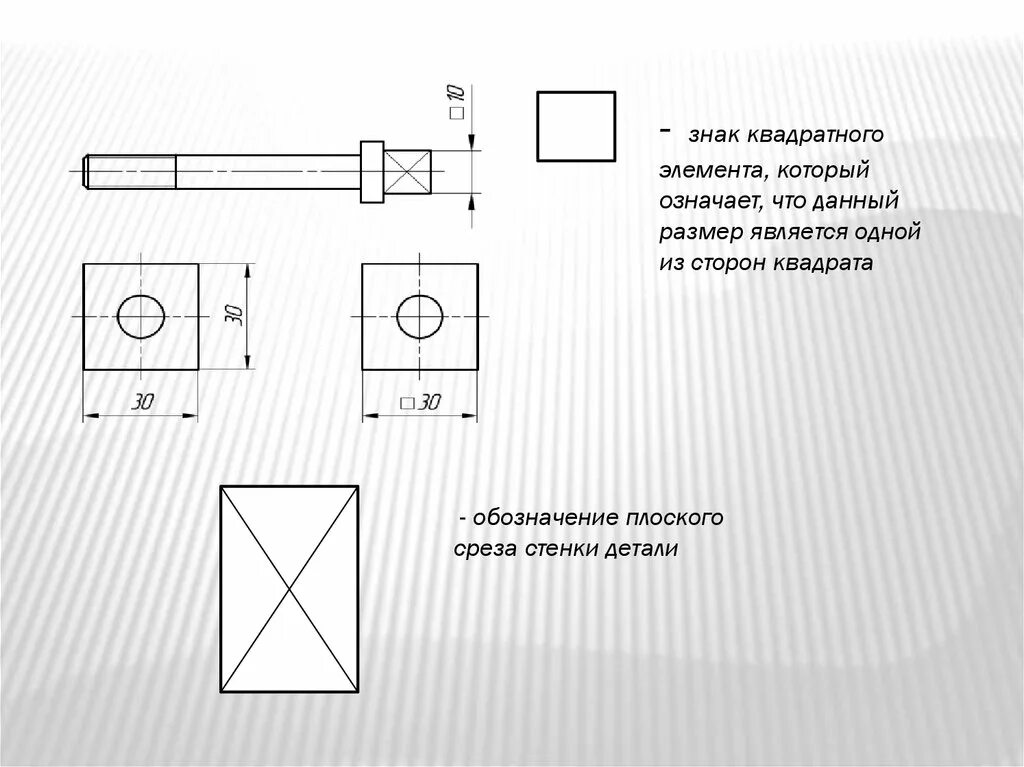 Нанесение размеров квадратных по форме элементов. Квадратное отверстие на чертеже. Нанесение размеров квадрата на чертеже. Квадратный размер на чертеже.