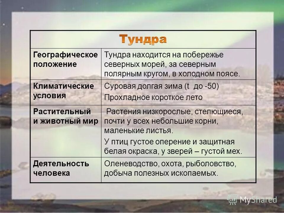 Характеристика тундры таблица