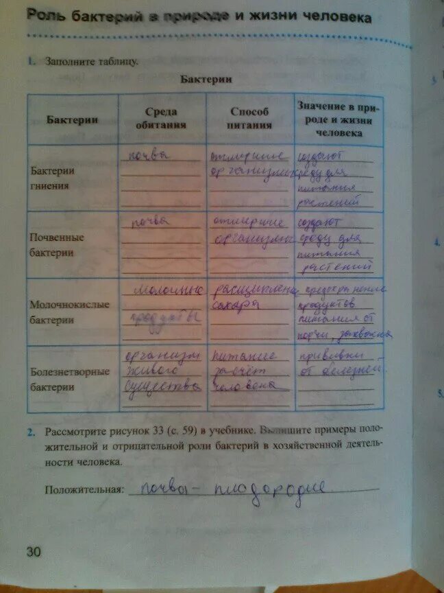 Заполните таблицу значение бактерий Ответы : Подскажите пожалуйста отрицательные свойства бактерий! пожалуйст